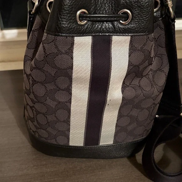Coach Signature Jacquard Dempsey Stripe Black Smoke Gray and Black Bucket Bag - Picture 9 of 11